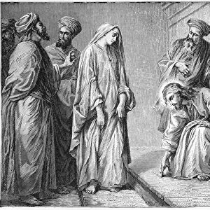 ADULTEROUS WOMAN. A woman accused of adultery before Jesus and the Pharisees (John 8: 3-8). Wood engraving, 19th century