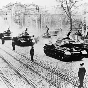 HUNGARY: BUDAPEST, 1952. Tanks of the Soviet Army parade through the streets of Budapest, Hungary