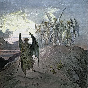 MILTON: PARADISE LOST. The archangel, Michael, expelling Satan from Heaven (Book I of John Miltons Paradise Lost ): wood engraving after Gustave Dor