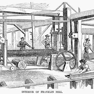 NEW ENGLAND SAWMILL, 1850. Interior of Franklin Mill, Franklin, Massachusetts. Wood engraving, American, c1850
