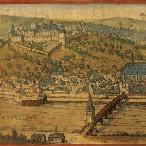 Germany, Heidelberg, View of the town, color engraving from Civitates Orbis Terrarum by Georg Braun (1541-1622) and Franz Hogenberg (1535-1590)