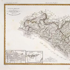Military division of Genoa, plan of Sarzana, La Spezia and Chiavari. Map by Attilio Zuccagni-Orlandini, taken from the Geographic Atlas of Italian States, Florence, engraving on copper, 1836-1845