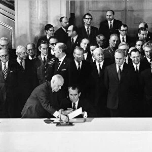 Signing of stratetic arms limitation talks treaty (salt 1) in the kremlin, moscow, ussr, on may 26th, 1972, principle signatories: richard nixon, president of the united states and leonid brezhnev, general secretary of cpsu