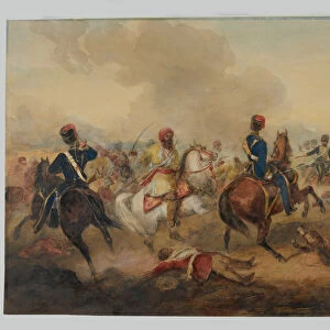 7th (Queens Own), Hussars, charging a body of the Mutineers Cavalry