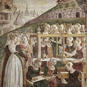 Allegory of march, detail of triumph of Minerva with women weaving