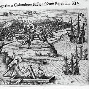 Christopher Columbus's fourth voyage to Jamaica in 1502-1504: battle against Francisco Poraz, engraving by Theodore de Bry in Admirante Narratio - Americae, 1655