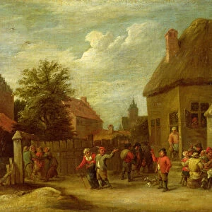 The courtyard of a village inn with a man toasting departing revellers