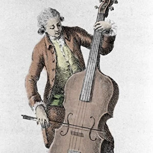 Double bass player. Engraving from the end of the 18th century