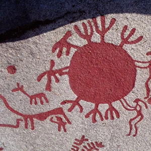 Figures and animals around a sun (rock painting)