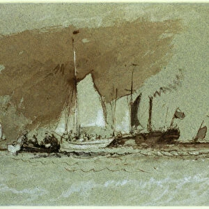 Fishing Boats at Sea, boarding a Steamer off the Isle of Wight