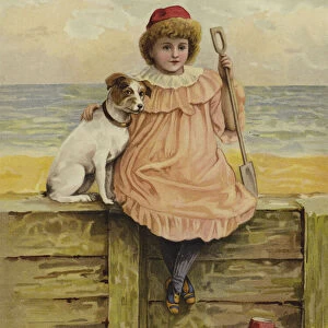 A girl sitting with her dog at the beach (chromolitho)