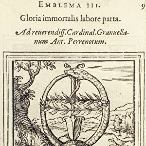 Gloria immortalis labore parta, illustration from Emblemata by Hadrianus Junius