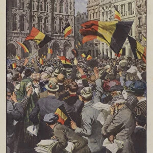 In the Grand Square in Brussels the people get excited and disheartened by the news of the Belgian victory over the Germans and the fall of Liege (colour litho)