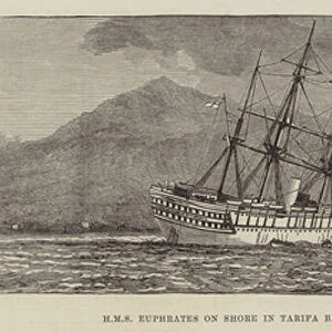 HMS Euphrates on Shore in Tarifa Bay (engraving)