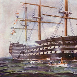 HMS Victory, flagship of British Admiral Lord Nelson at the Battle of Trafalgar in 1805 (colour litho)