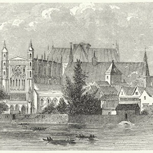 The Houses of Parliament at Westminster in the time of King Charles I, 17th Century (engraving)