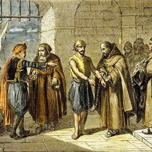 Miguel de Cervantes saved by the Fathers of the Redemption, 1580 (colour engraving)