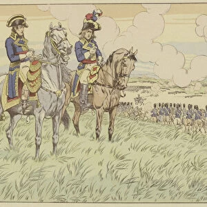 Napoleon and General Louis Desaix at the Battle of Marengo, 24 June 1800 (colour litho)