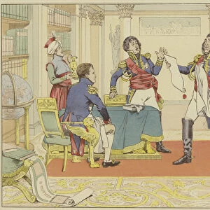 Napoleon rewarding Marshal Lefevre by making his Duke of Danzig after his capture of the city from the Prussians, 24 May 1807 (colour litho)