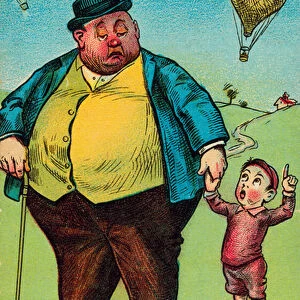 Obesity: boy asking his fat father when he is going to make a balloon ascent (chromolitho)