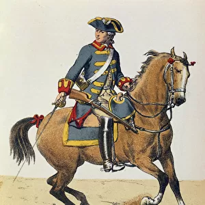 Police officer of c. 1750 mounted on a horse, 19th century (colour engraving)