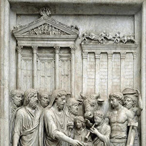 Roman Emperor Marcus Aurelius sacrificing before Temple of Jupiter, Rome, c