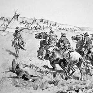 Texas Rangers attacking a Comanche village, 1896 (litho)