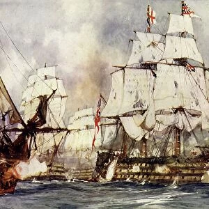 The "Victory"at Trafalgar. Nelsons Flagship Nearing the "Santissima Trinidad"(colour litho)
