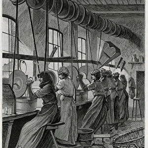 A womens workshop at the glassware of Val Saint Lambert. Engraving by C