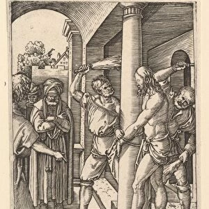 Flagellation Pilate stand under archway left watching two men flagellate figure