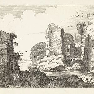 Landscape with ruins and a water mill, Jan van de Velde (II), 1616