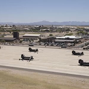 CH-47 Chinook helicopters on the flight line at Davis-Monthan Air Base