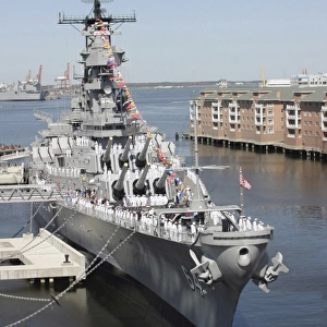 The decommissioned U. S. Navy Battleship, USS Wisconsin, berthed to the pier