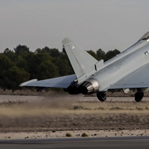 A Royal Air Force Typhoon fighter plane taking off