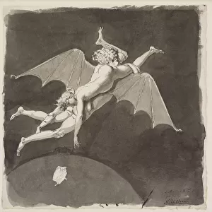 Catherine the Great, naked, flying away from the Earth on the Back of a Man with Bat