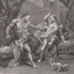 Samson and Delilah seated on a bed, Samson tearing apart the ropes binding his hand