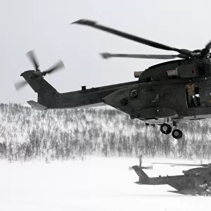 Two Commando Helicopter Force Merlin Mk3 helicopters on exercise in northern Norway