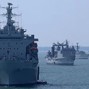 RFA Argus, FS Meuse and RS Regina Maria at anchor in the Solent, in readiness for