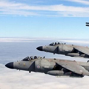 Four Sea Harrier FA2s of 801 Naval Air Squadron, based at RNAS Yeovilton, are shown