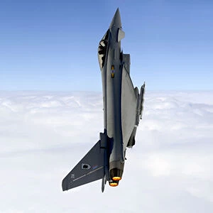 A Typhoon F2 multi-role jet fighter of 11 Squadron, Royal Air Force, performs a vertical