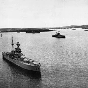 Aerial picture taken at Scapa in July 1940 of secret Fleet Tenders - merchant ships