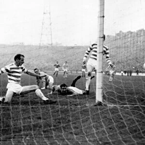 Celtic left back Willie O Neill clears an Alex Smith shot from the goal line